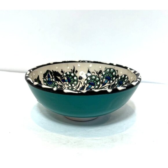 Nakkas Cini Turkish Ceramic Hand Painted Blue Green Small Tapas Bowl 5" Wide - Picture 2 of 8
